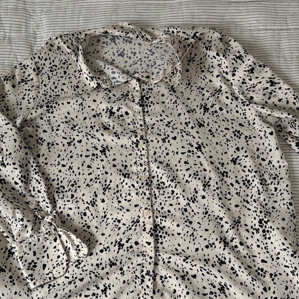 a new day Beige and Black Spotted Button-Up Blouse